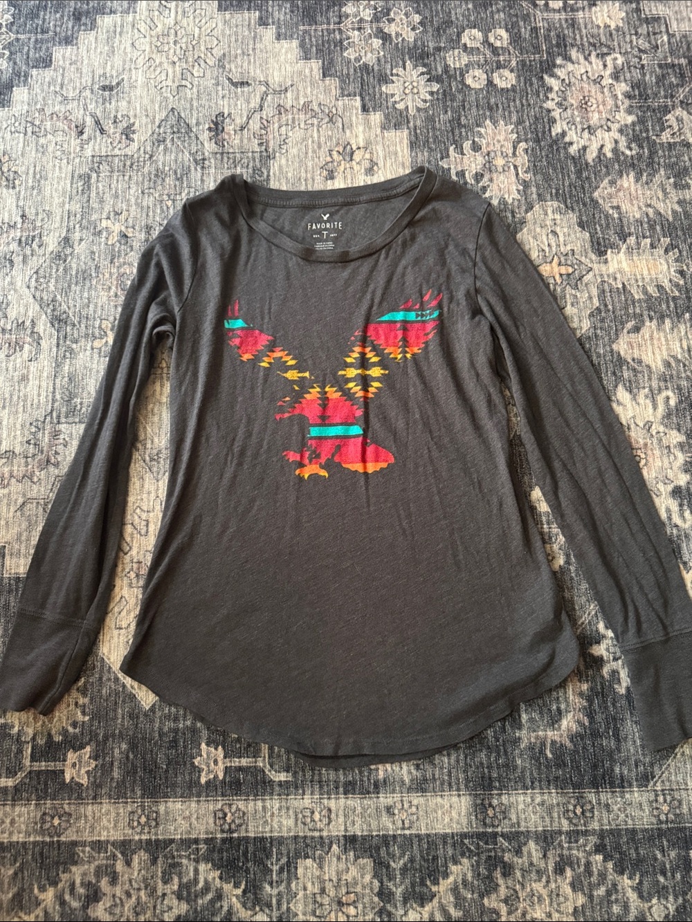American Eagle Outfitters Charcoal Long-Sleeve Tee with Multicolor Eagle Motif